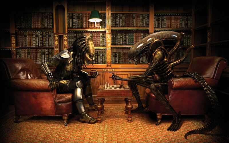 Predator and Alien Playing Chess — Brown