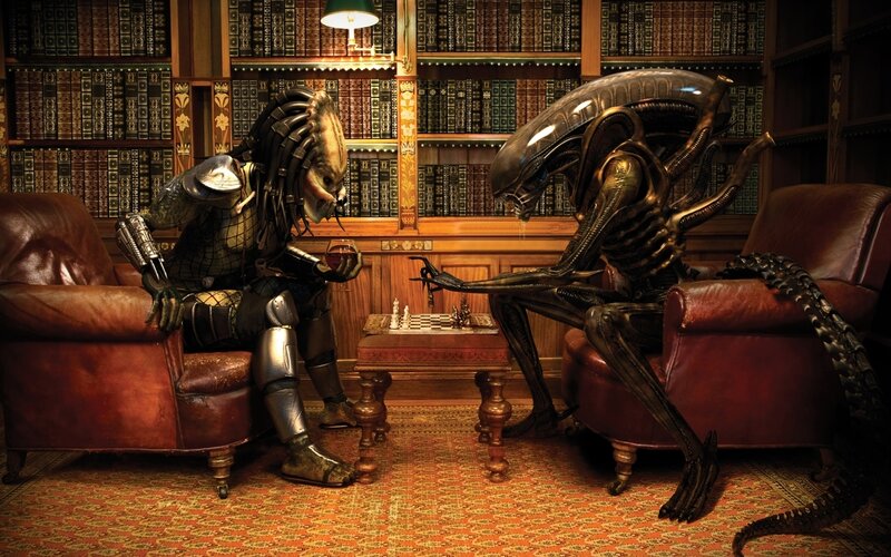 Predator and Xenomorph — Brown, Dramatic, Digital Art, Chess Game, Bookshelf, Armchairs, Black, Gold