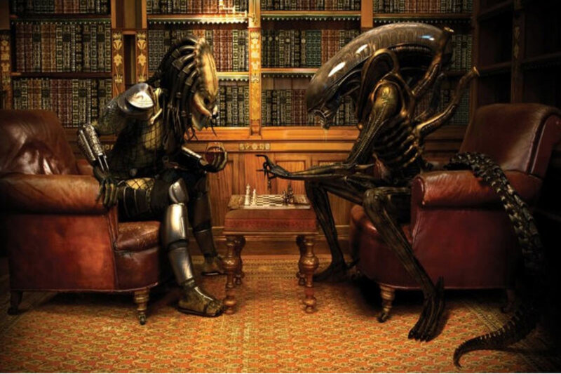 Predator and Xenomorph — Brown, Dramatic, Digital Art, Chess Game, Bookshelf, Armchairs, Black