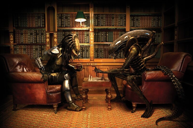 Predator and Xenomorph — Brown, Dramatic, Digital Art, Chess Game, Library