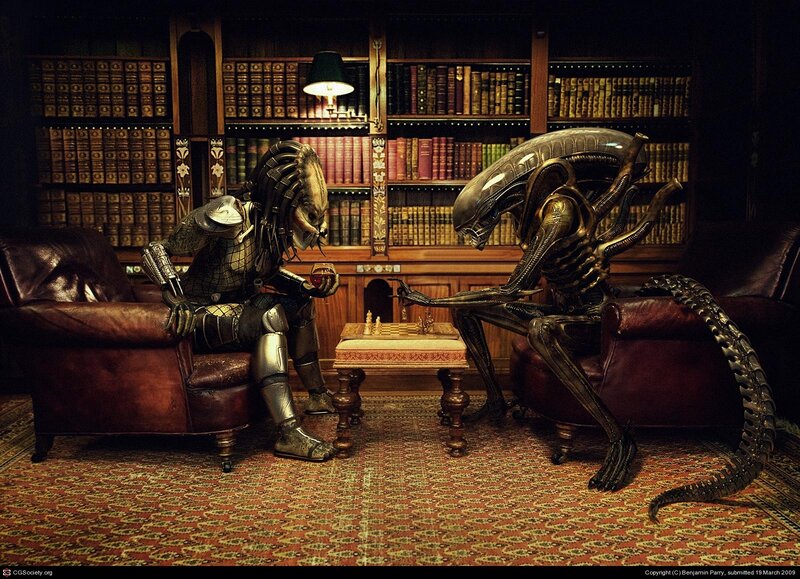 Predator and Xenomorph — Brown, Dramatic, Digital Art, Chess Game