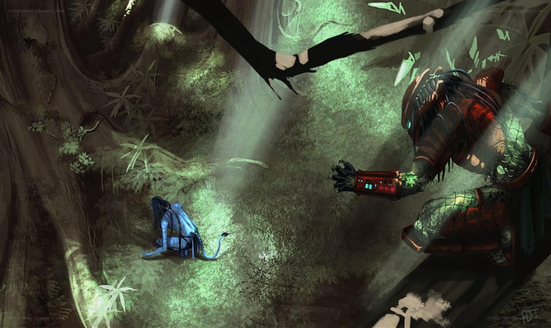 Predator confronts Na'vi in jungle