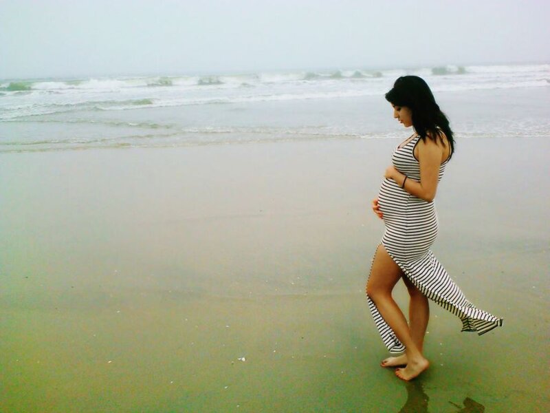 Pregnant Woman on Beach — Gray