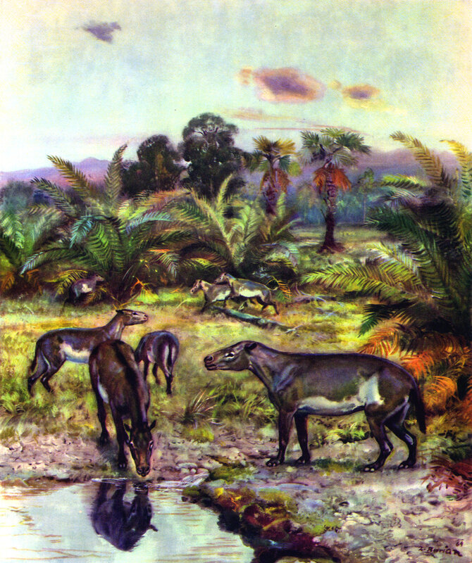 Prehistoric animals at a waterhole