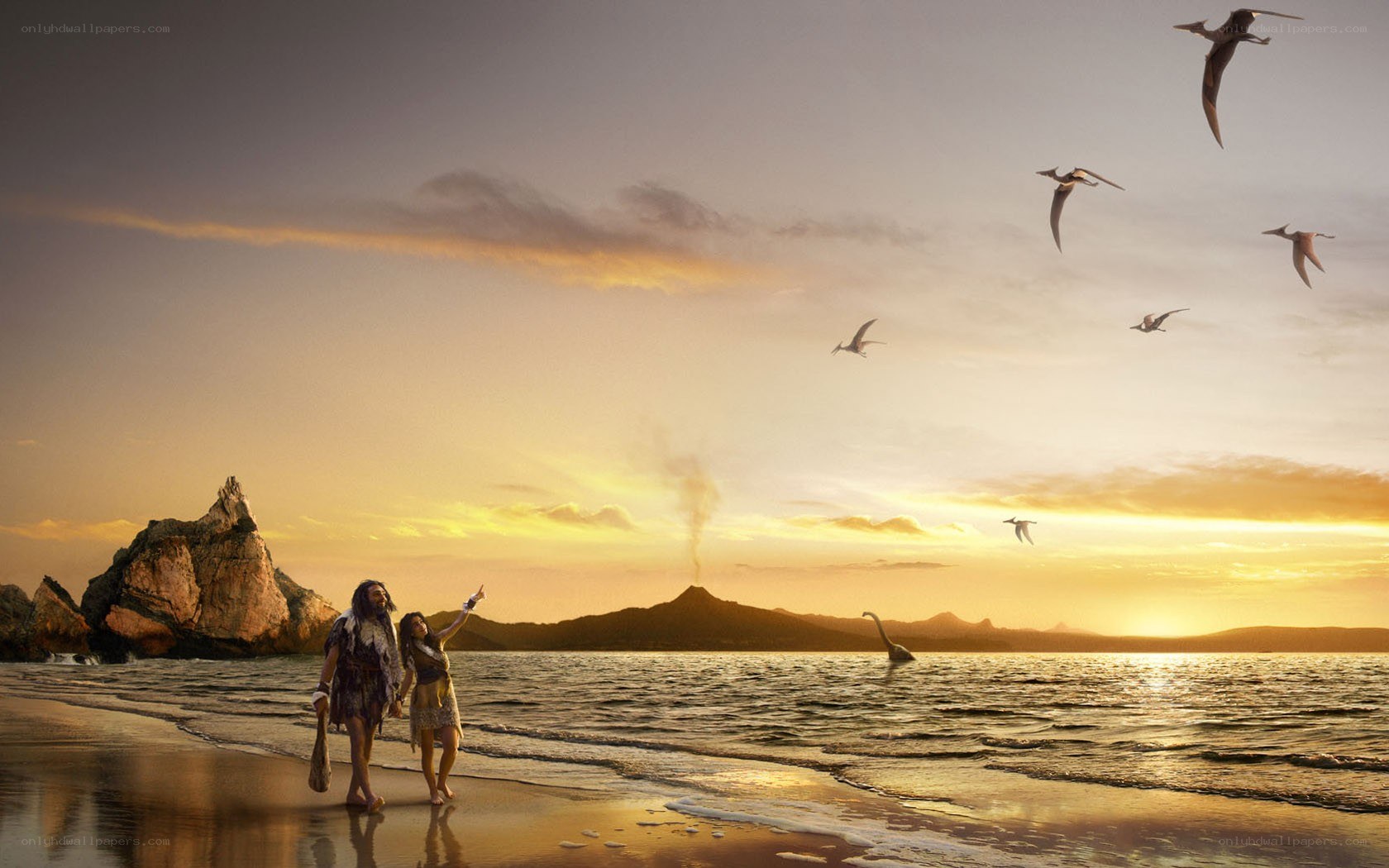Prehistoric beach scene at sunset