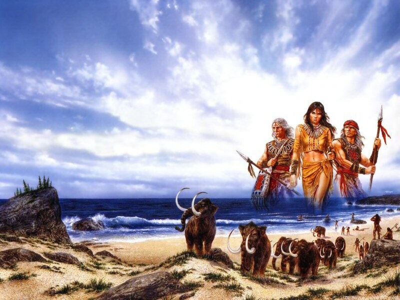 Prehistoric beach scene with mammoths