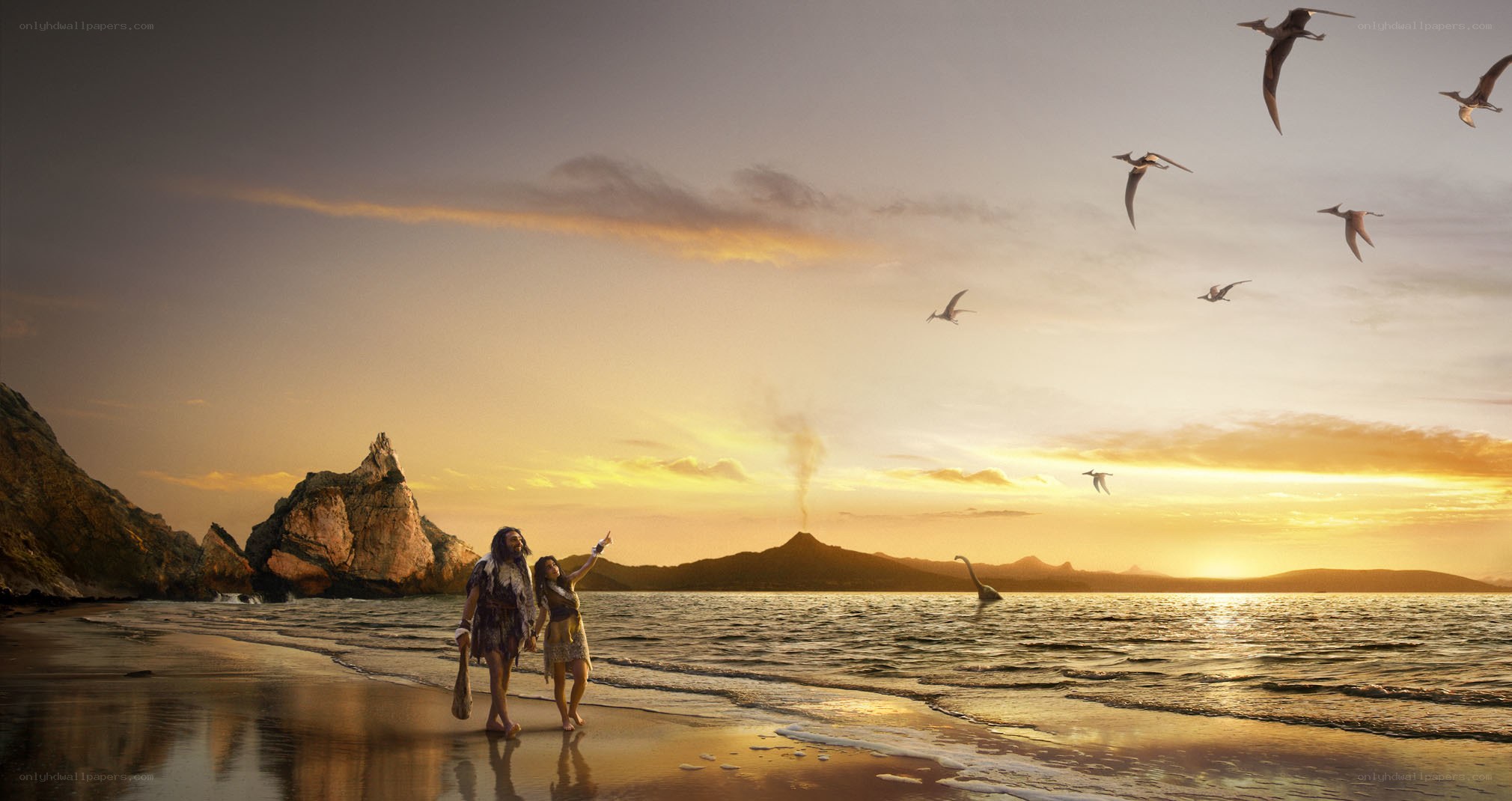 Prehistoric couple on beach