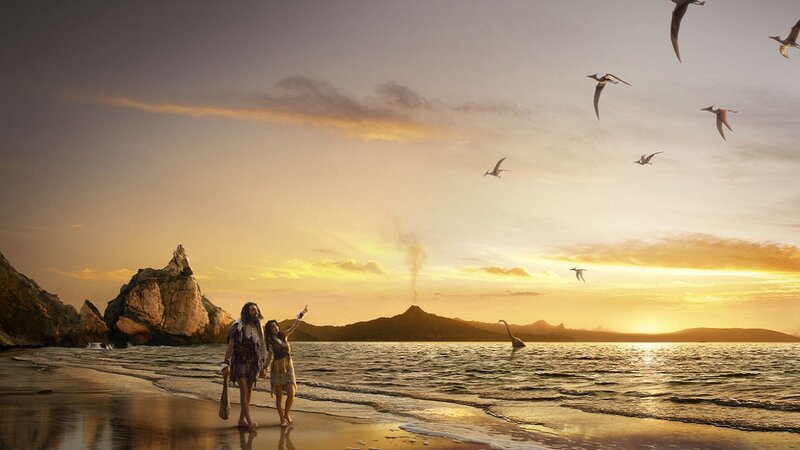 Prehistoric Couple on Beach — Golden, Dramatic