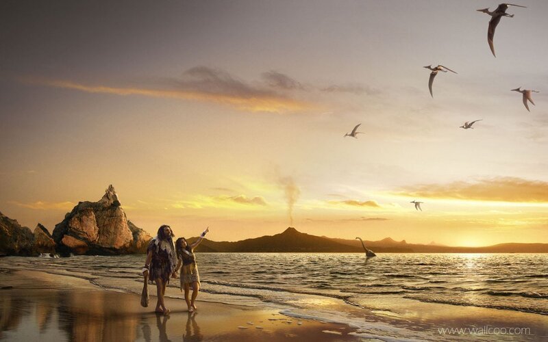 Prehistoric Couple on Beach — Orange, Dramatic, Sunset, Digital Art, Dinosaurs