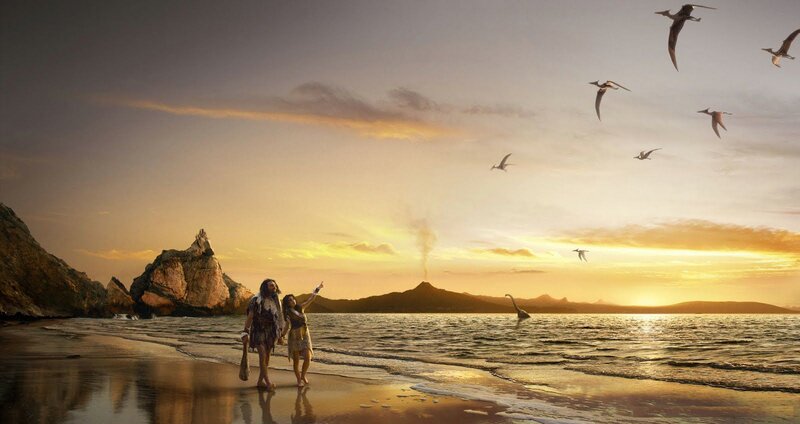 Prehistoric Couple on Beach — Orange, Dramatic