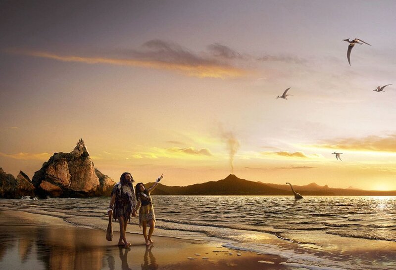 Prehistoric Couple on Beach — Orange