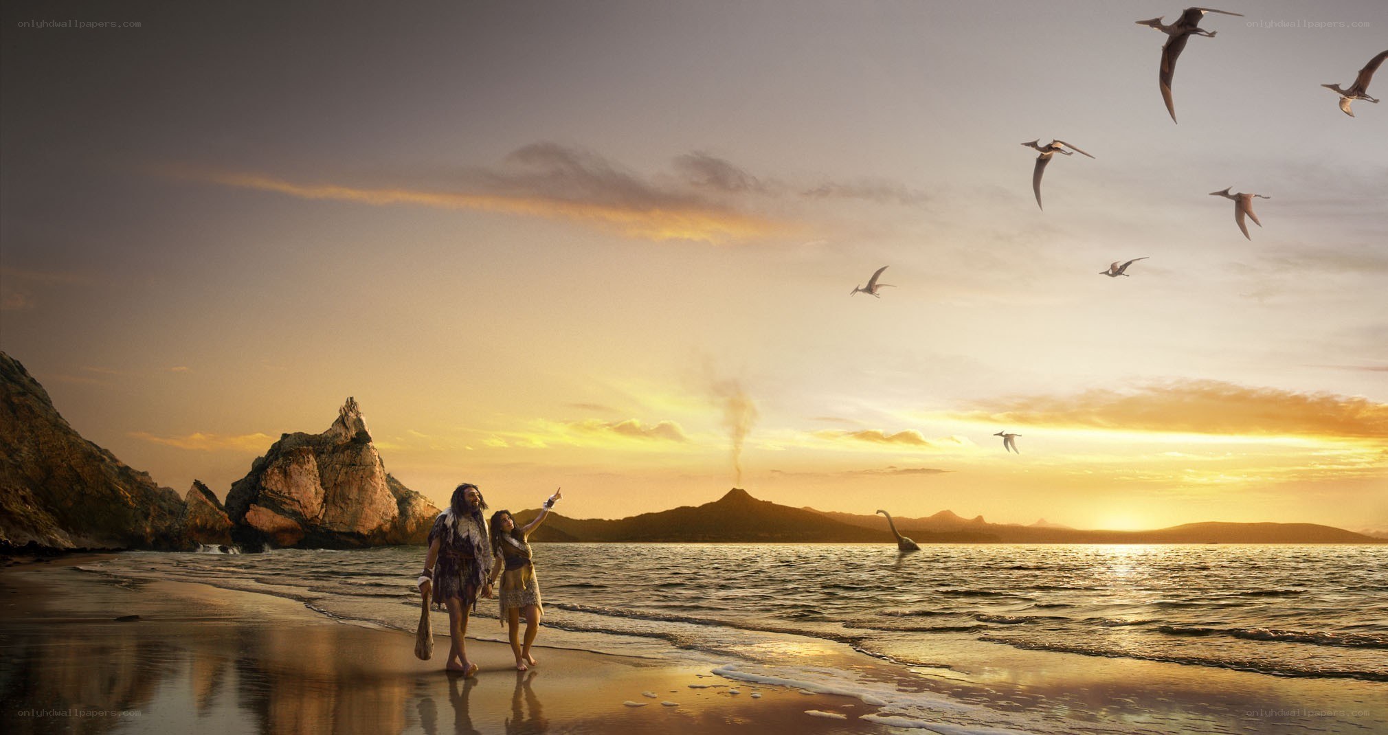 Prehistoric couple on beach