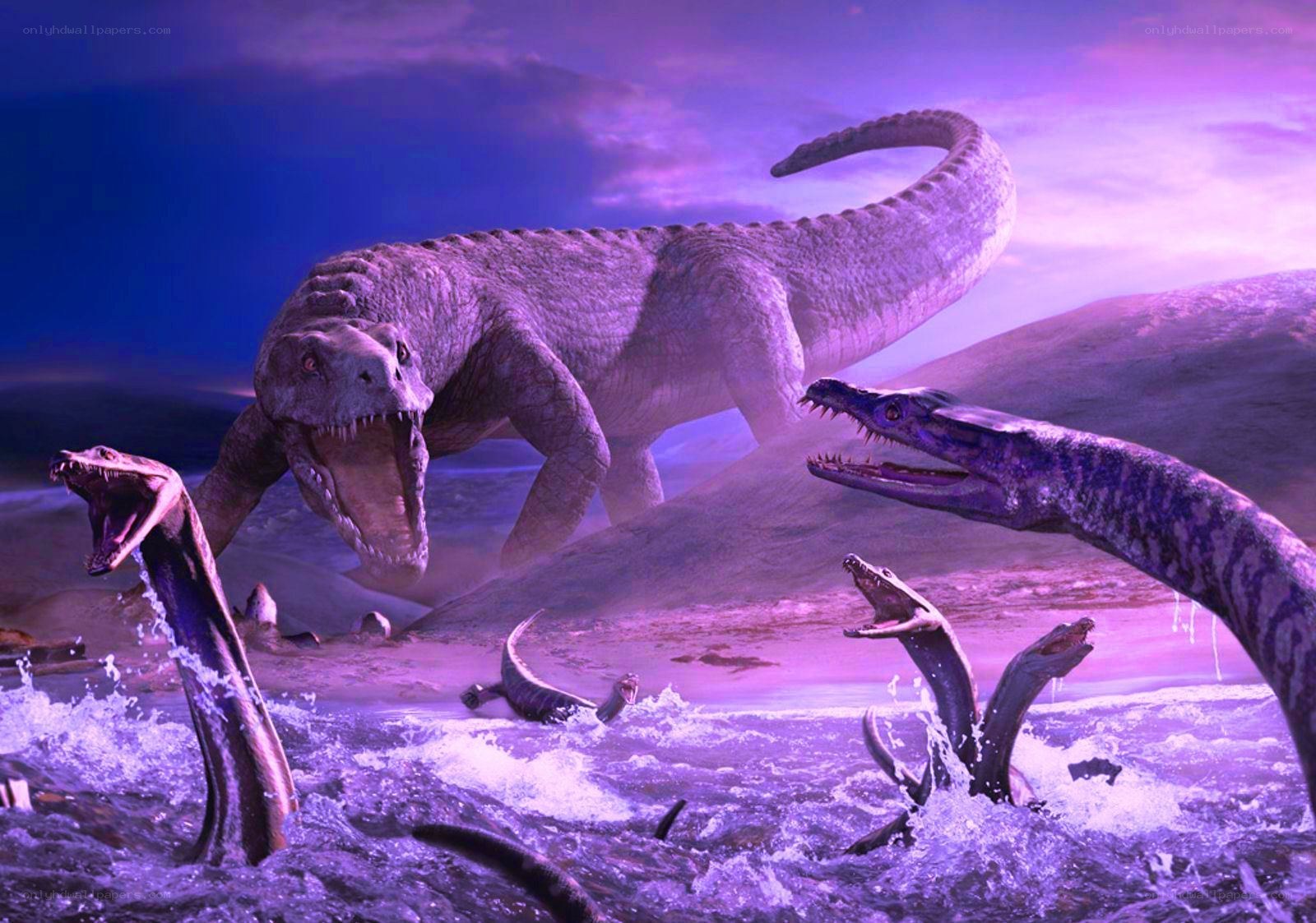 Prehistoric creatures in a purple landscape