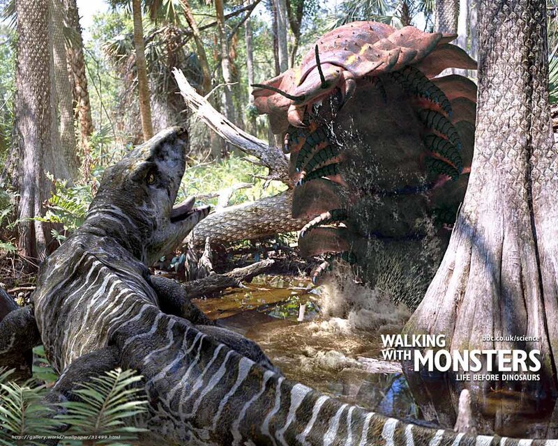 Prehistoric creatures in forest