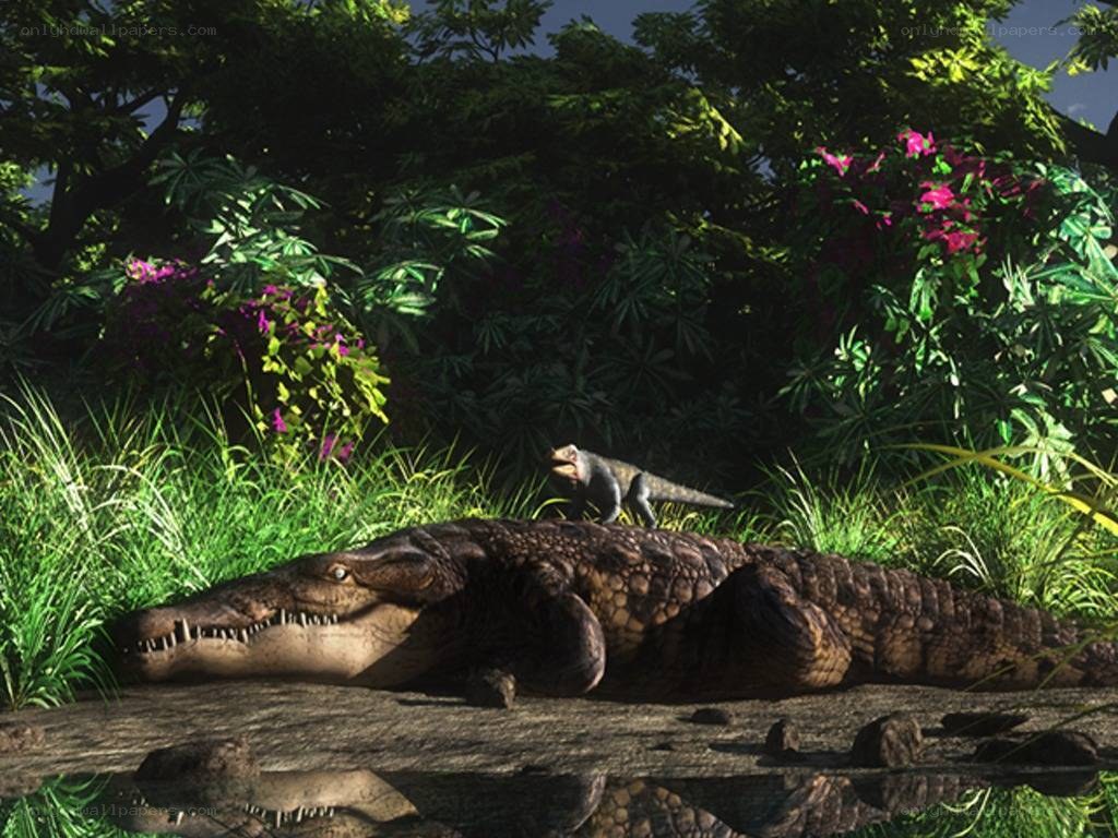 Prehistoric crocodile and dinosaur