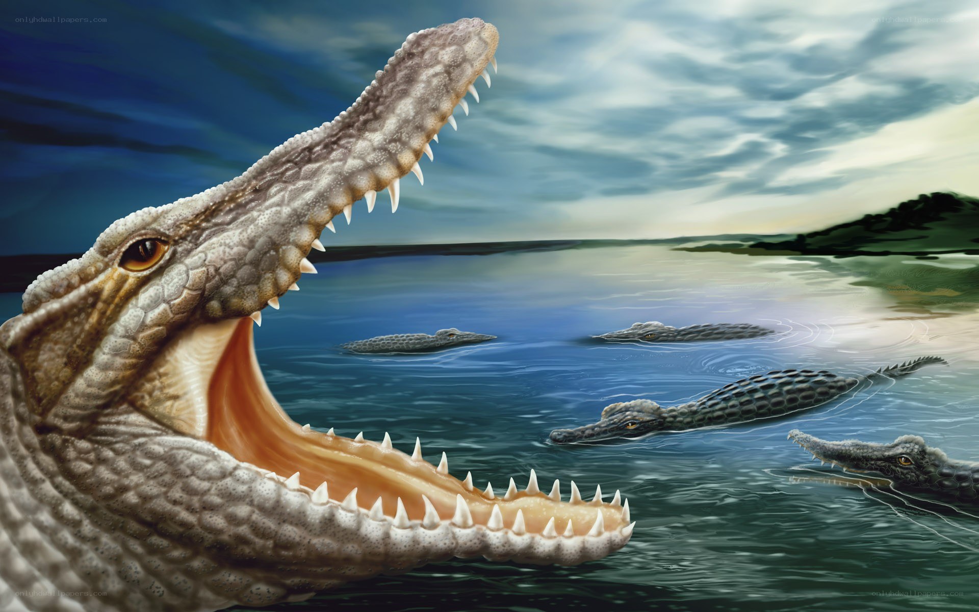 Prehistoric crocodiles in water