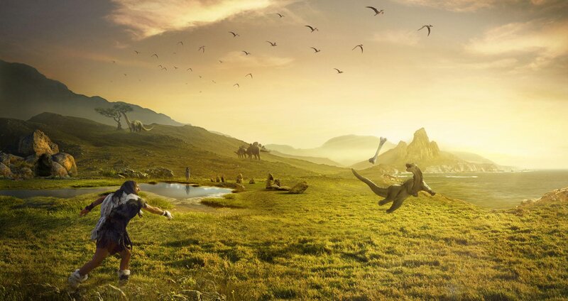 Prehistoric hunter chases dinosaur