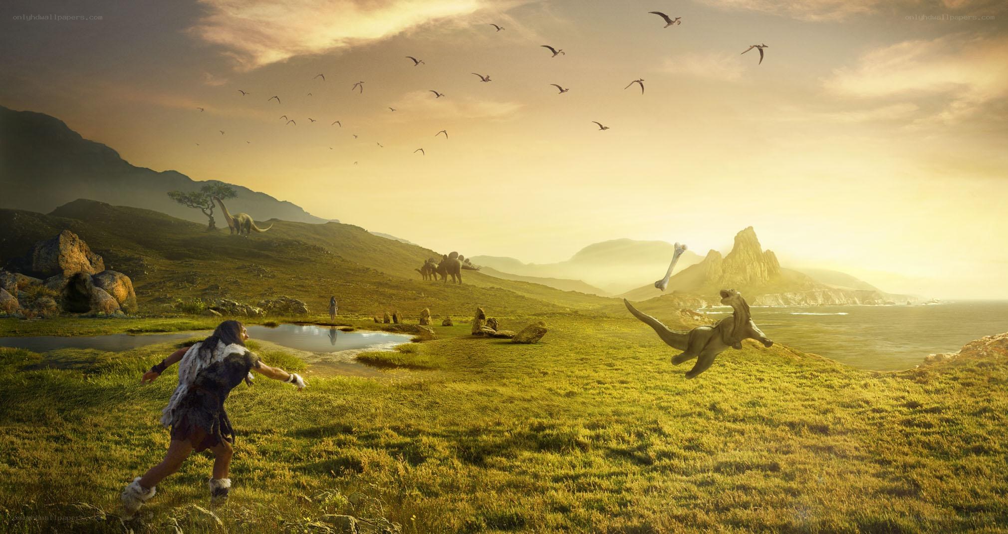 Prehistoric hunter chases dinosaur