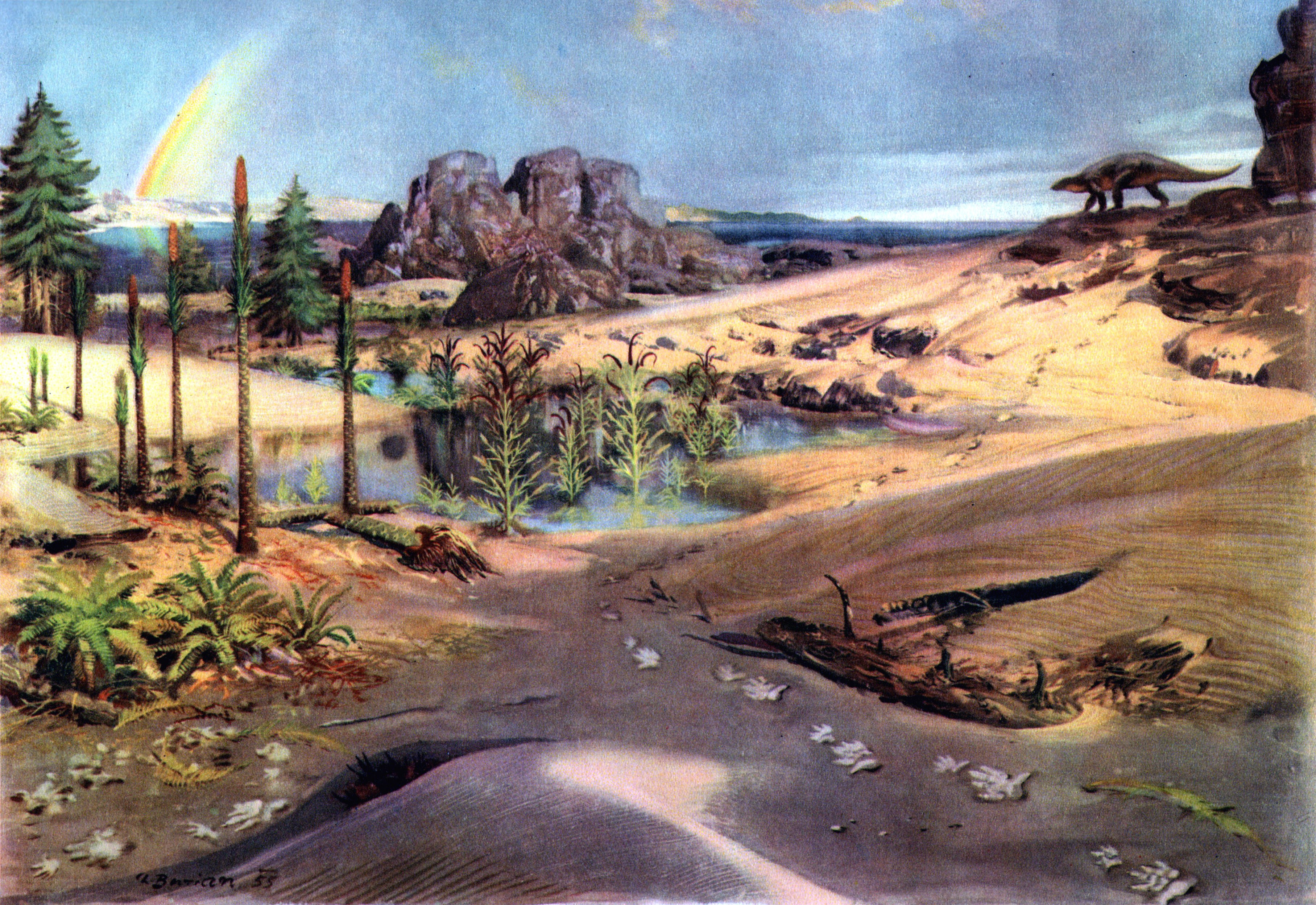 Prehistoric landscape with dinosaurs