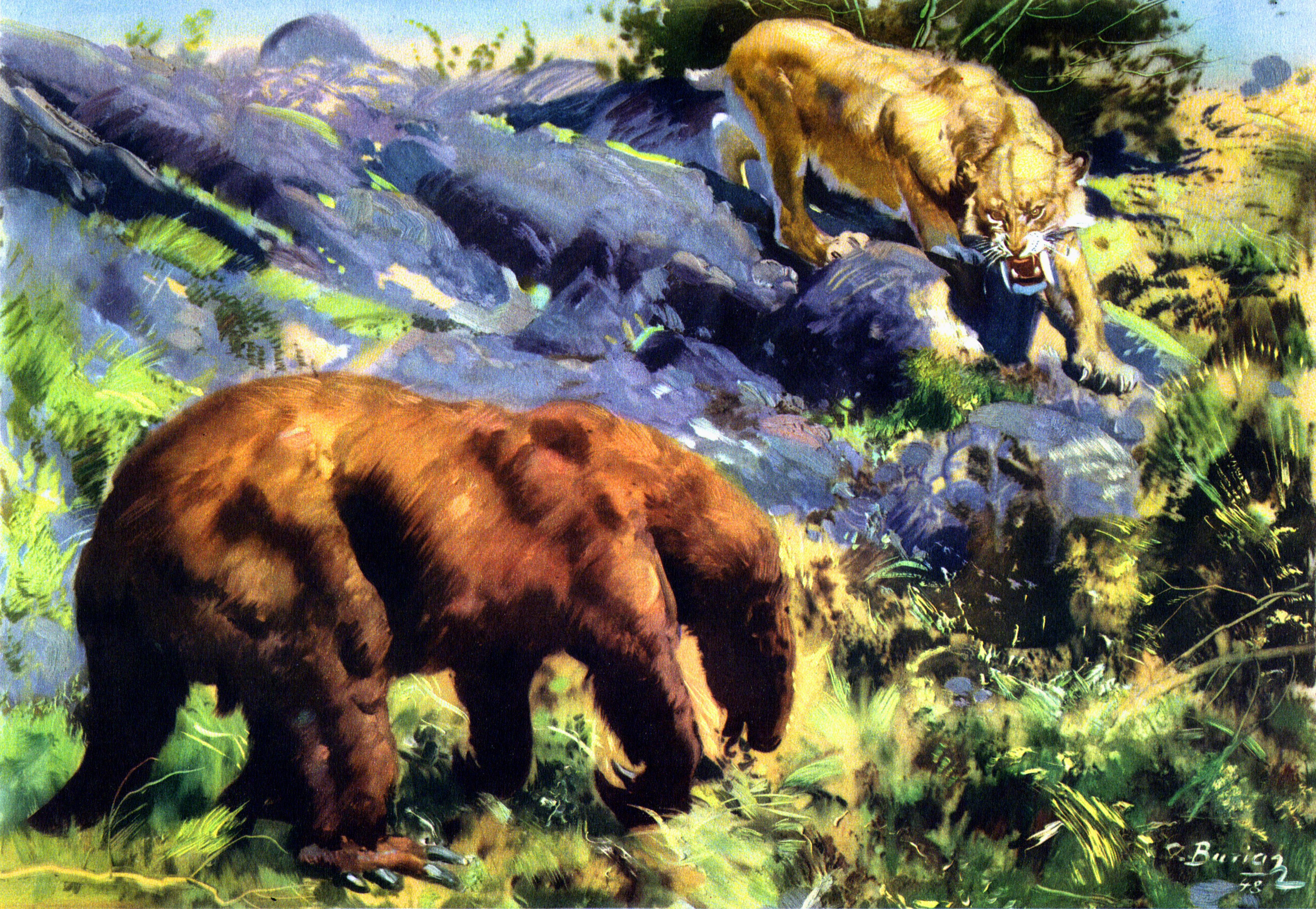 Prehistoric predators in a rocky landscape