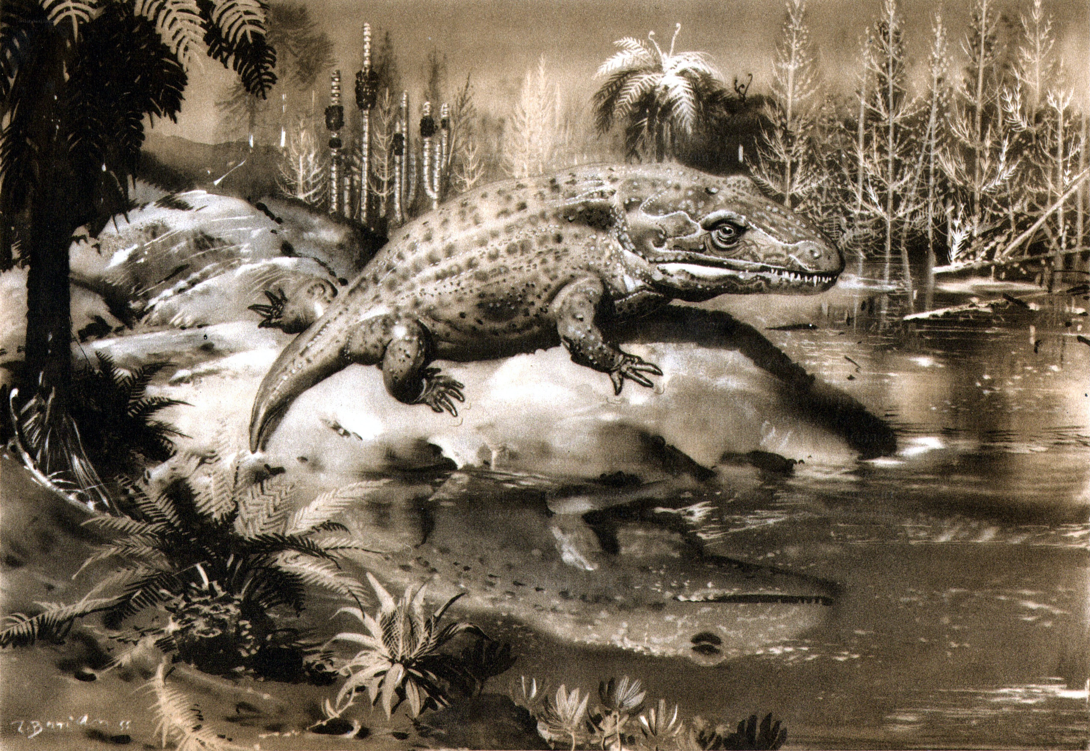 prehistoric reptile by water