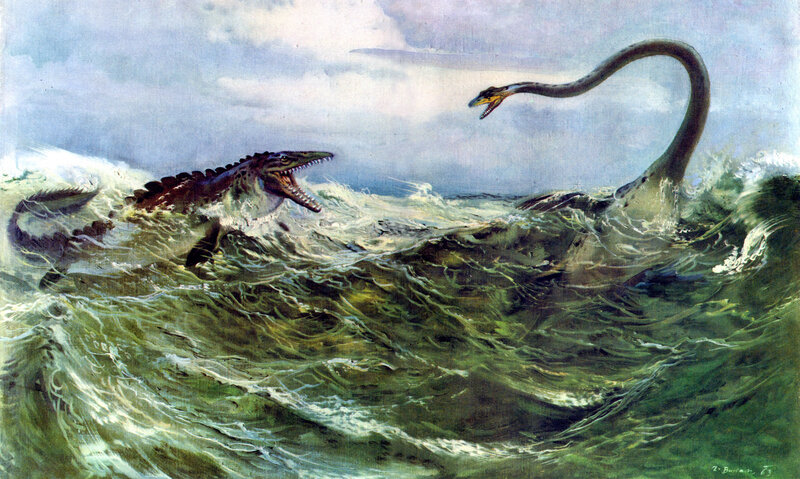 Prehistoric sea creatures fighting
