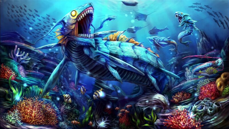 Prehistoric sea monster in coral reef