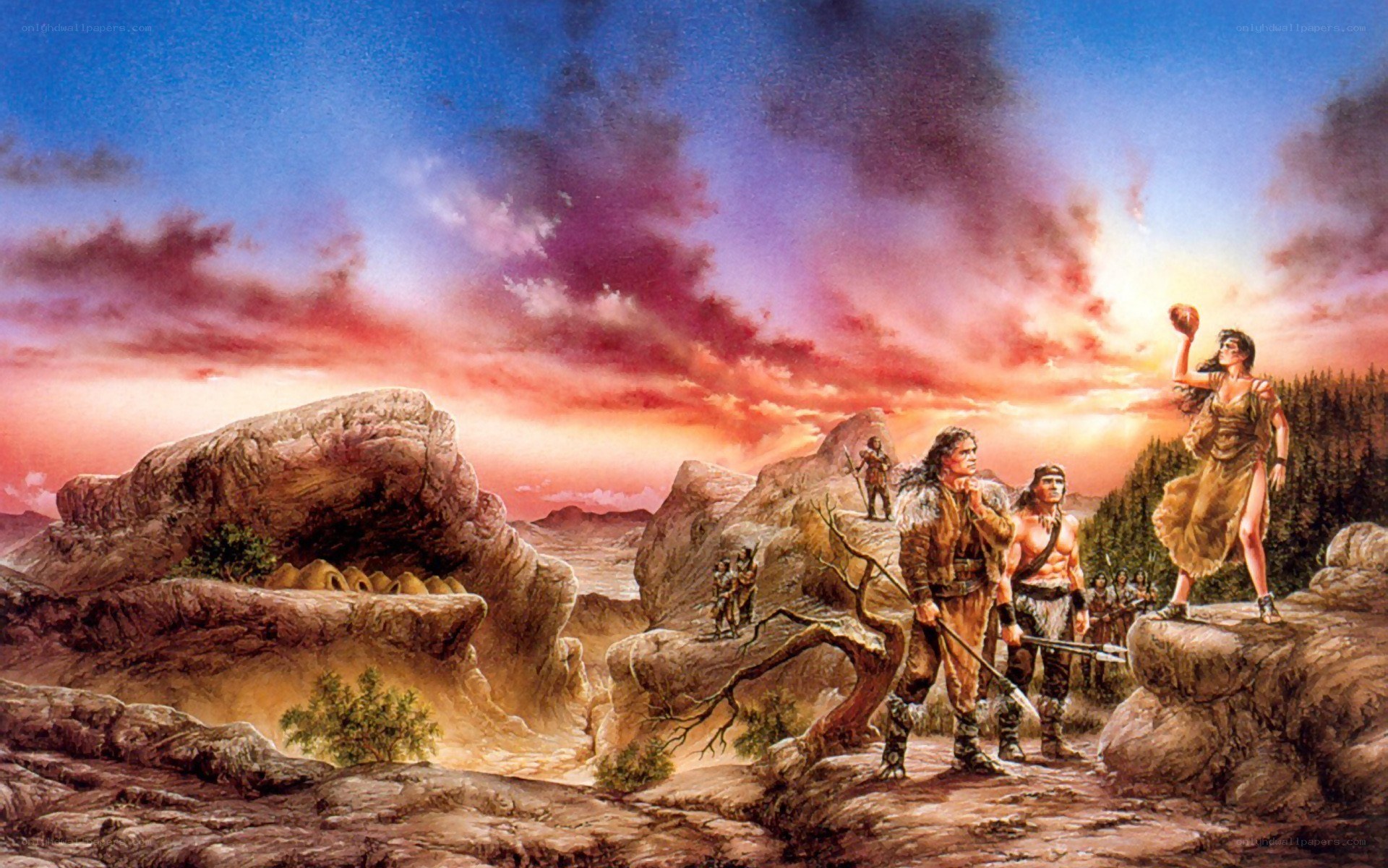 prehistoric tribe at sunset
