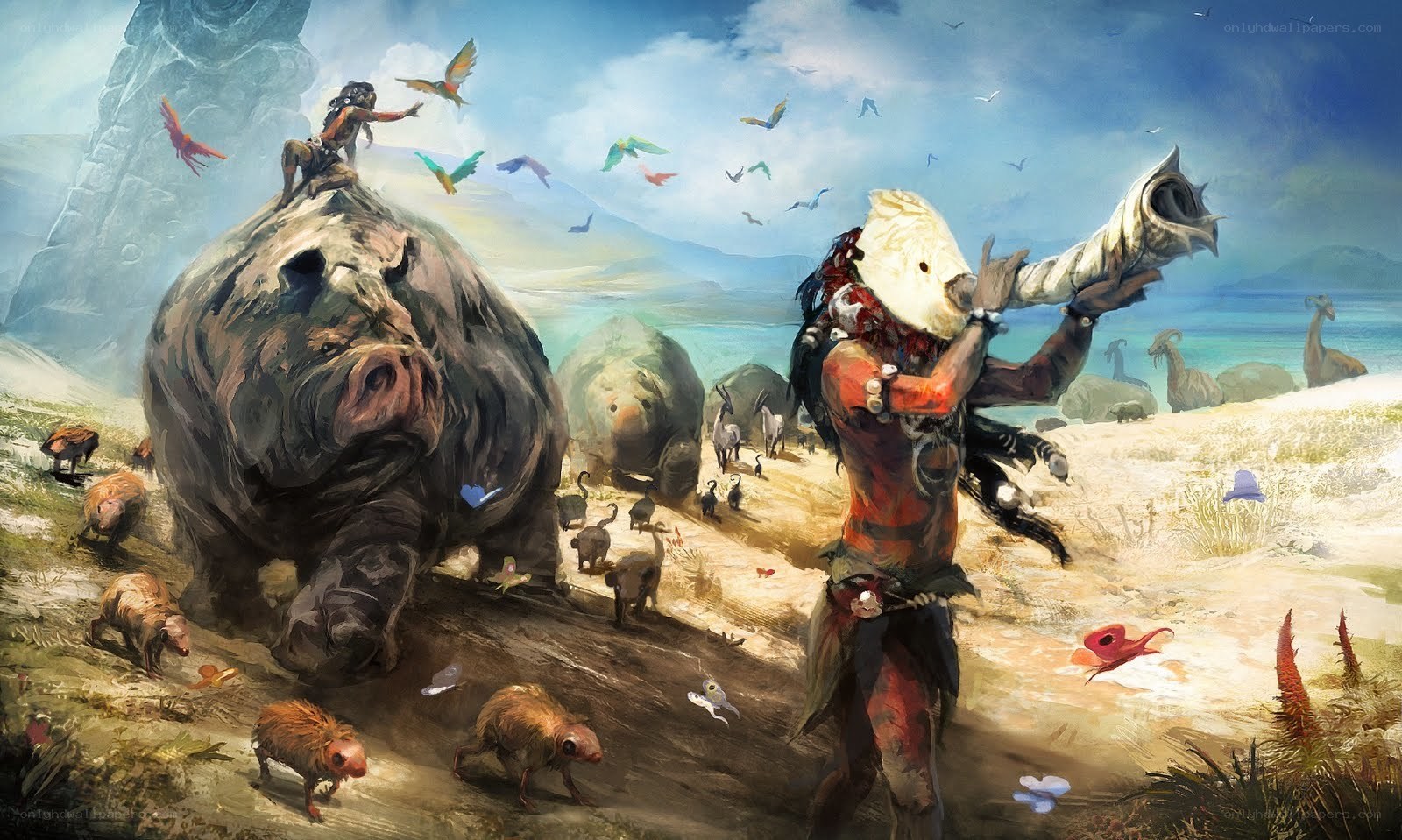 Prehistoric tribe with giant animals