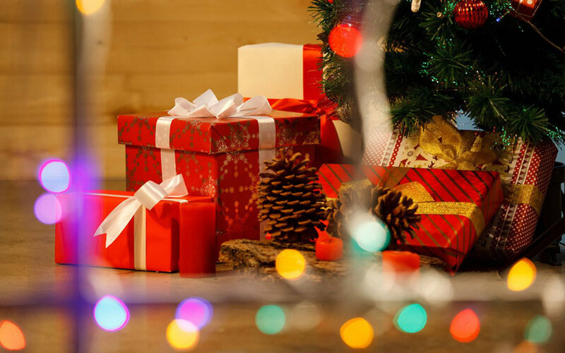 Presents under Tree — Red, Festive