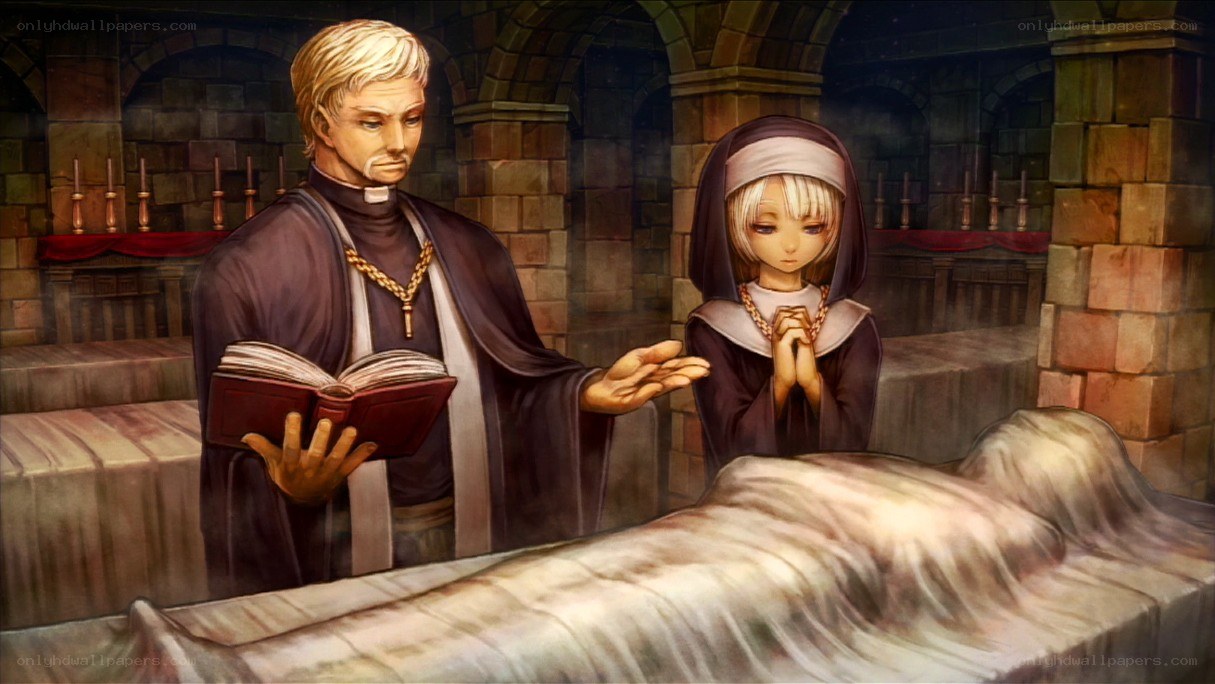 Priest and nun in a crypt