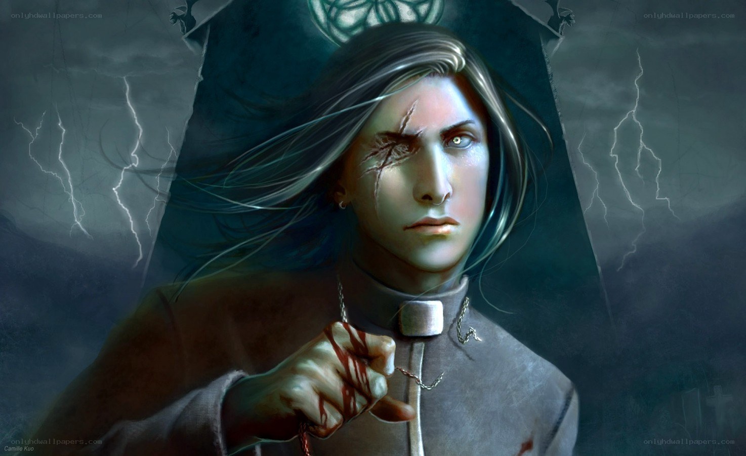 priest with bloodied hand
