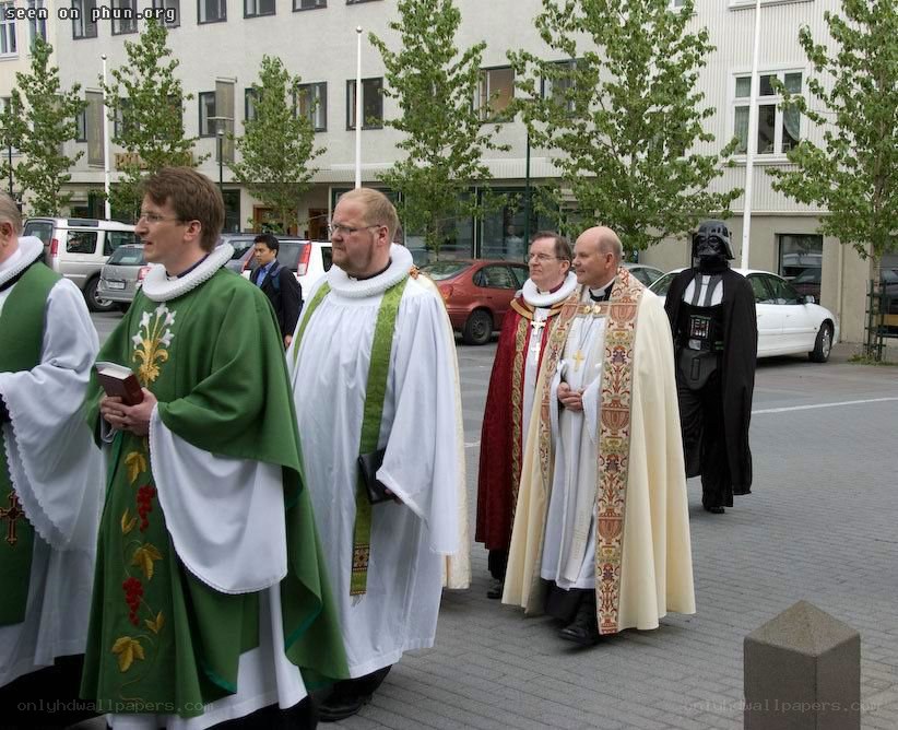 Priests marching with Darth Vader