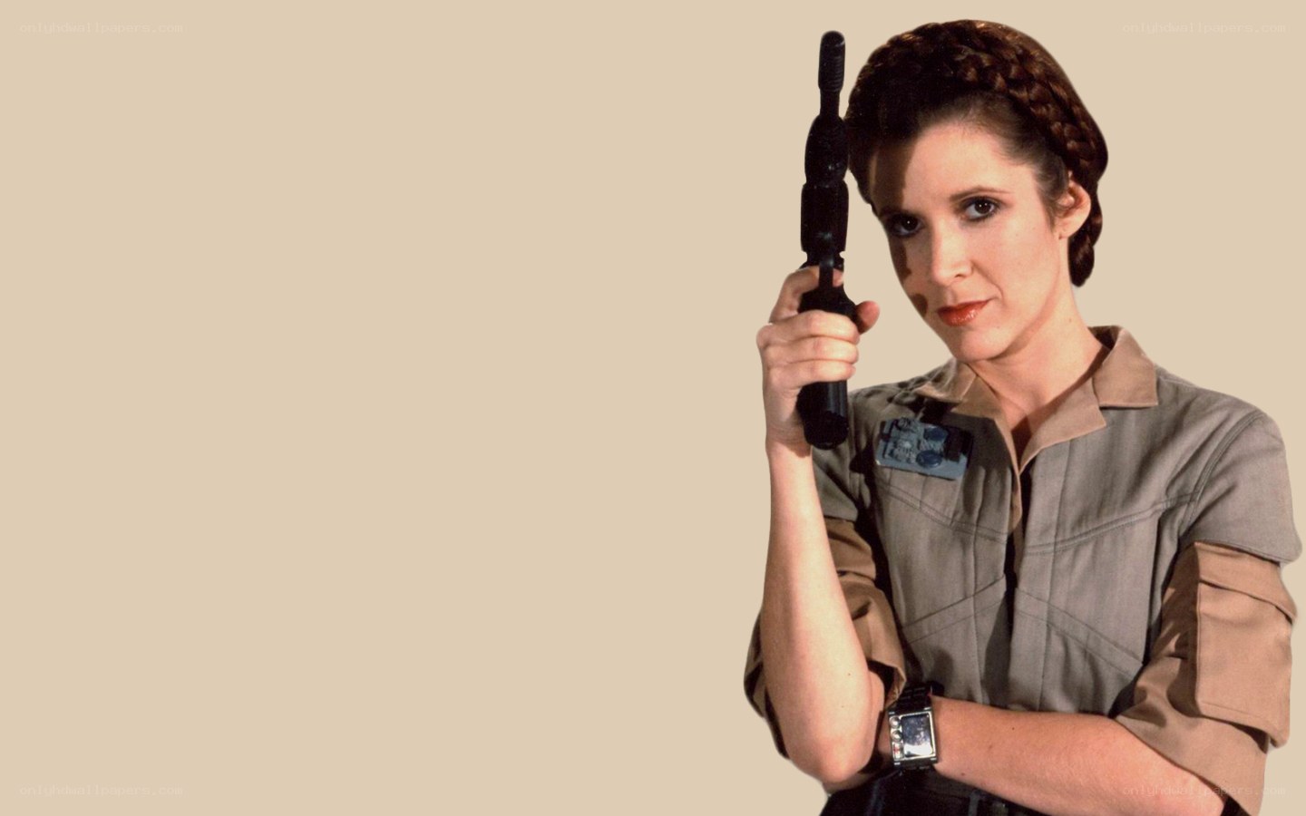 Princess Leia holding a blaster