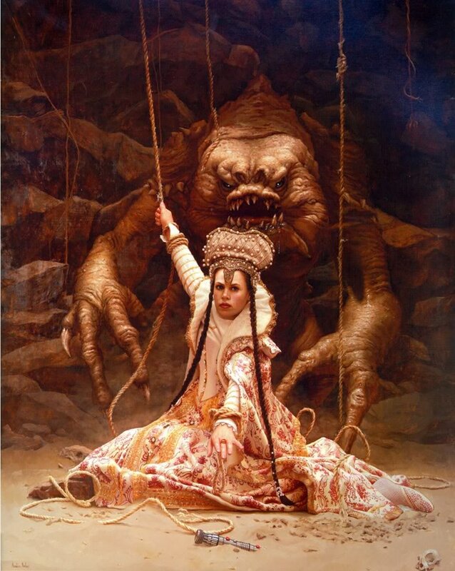 Princess Leia in a cave with a monster