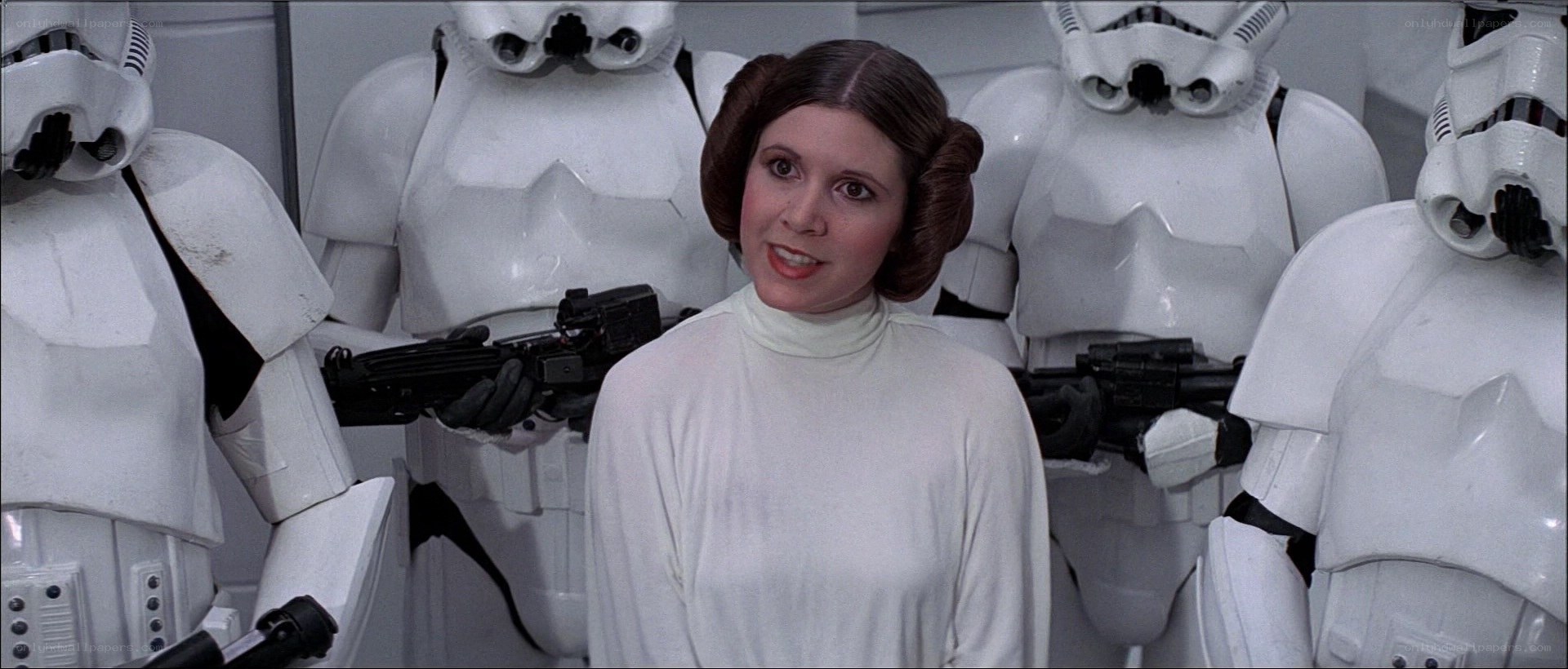 Princess Leia surrounded by stormtroopers