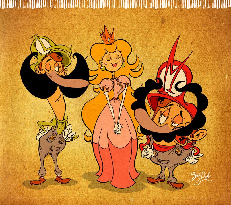 Princess Peach and two Goombas