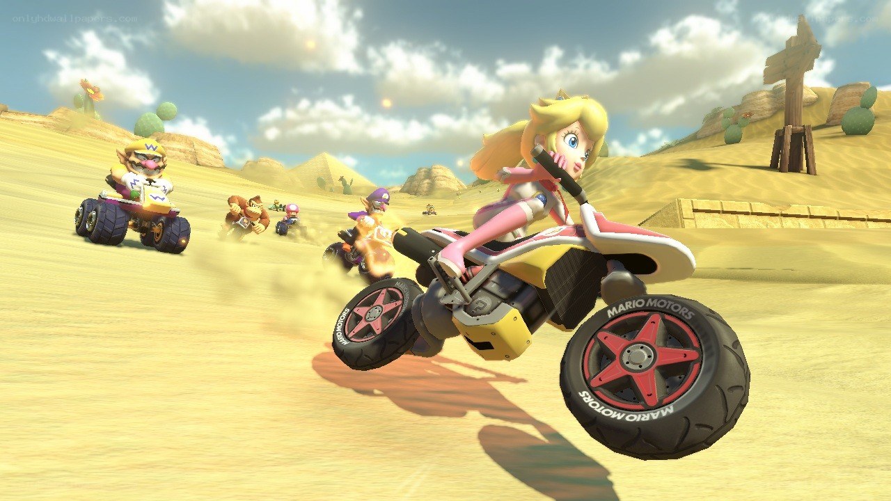Princess Peach racing in desert