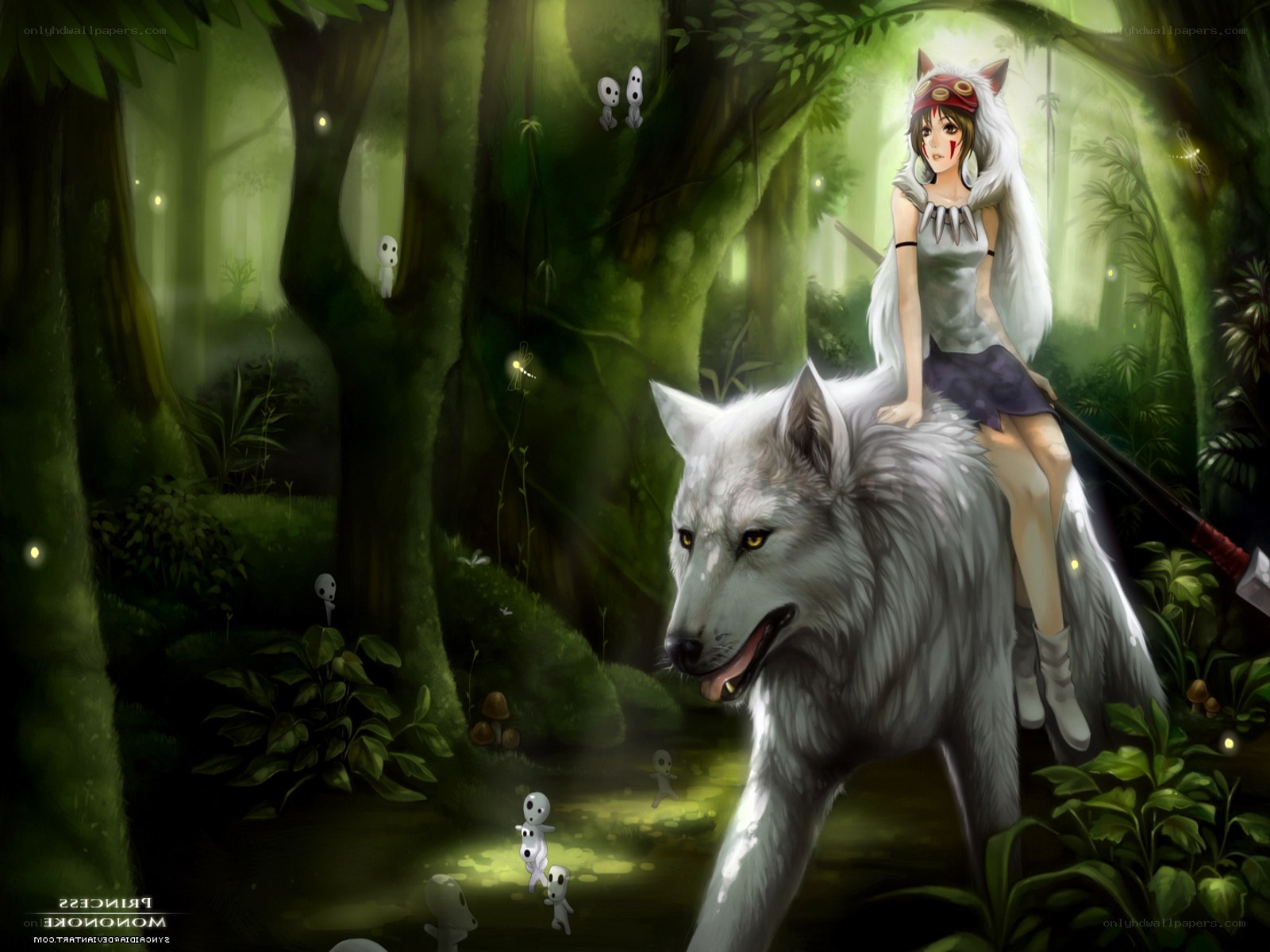 Princess riding a wolf in forest