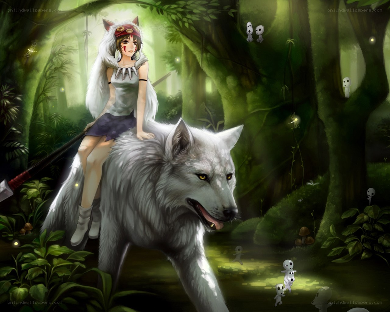 Princess riding a wolf in forest