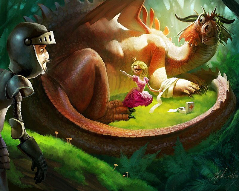 Princess tending to a wounded dragon