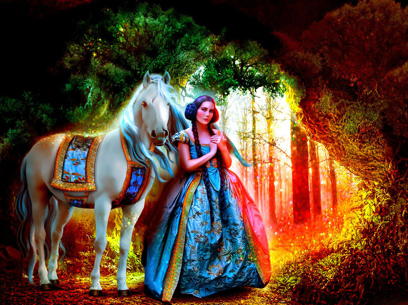 Princess with White Horse — Blue, Dramatic