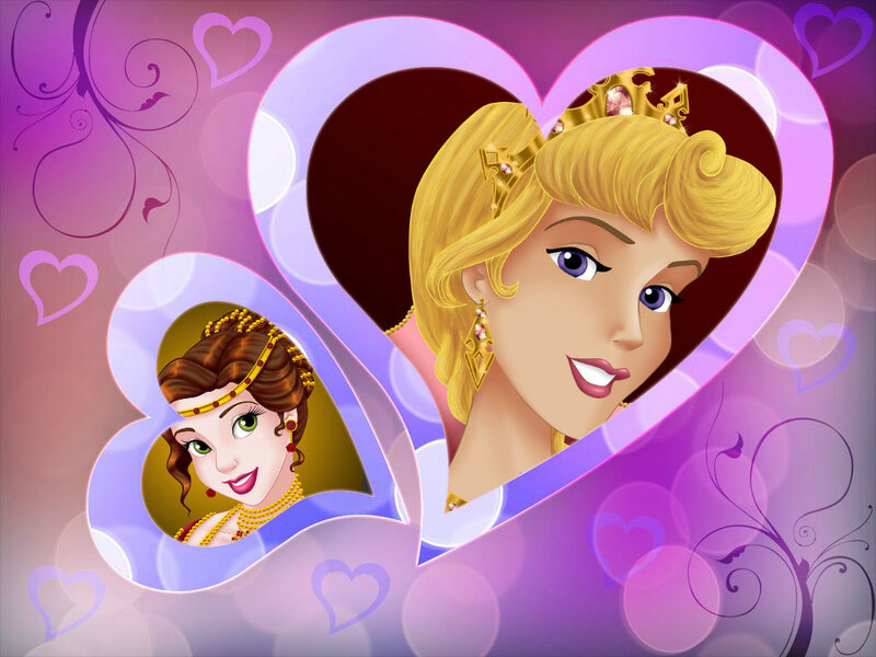 Princesses in Heart Frames — Purple, Romantic, Digital Art