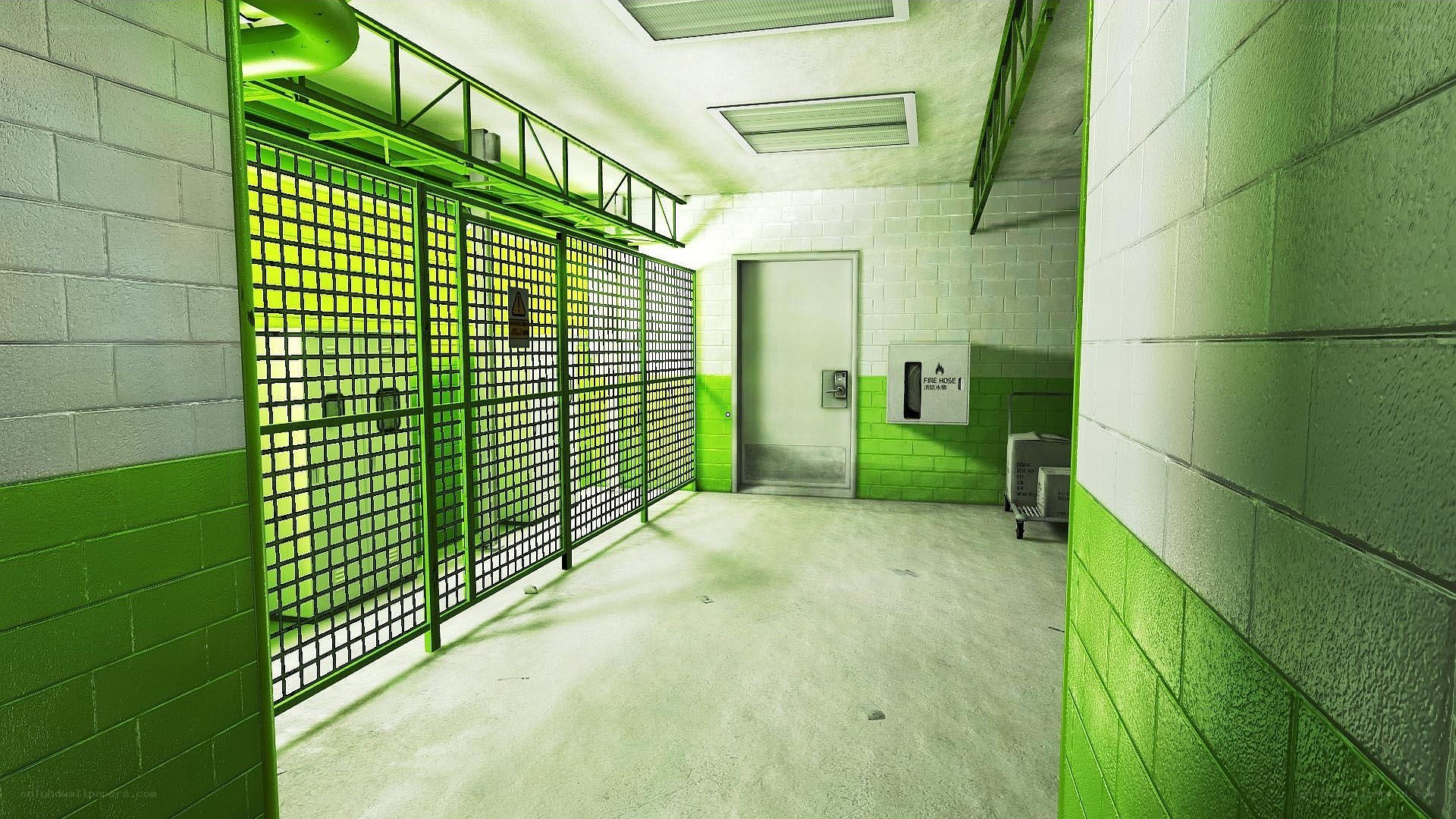 prison corridor with green lighting