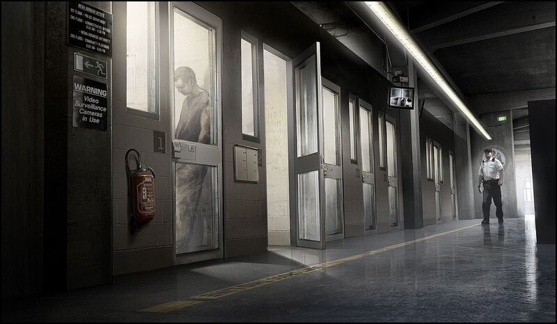 prison corridor with guard