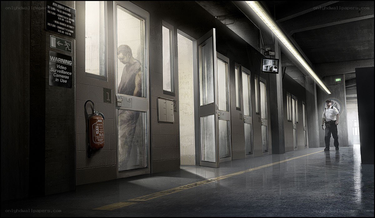 prison corridor with guard