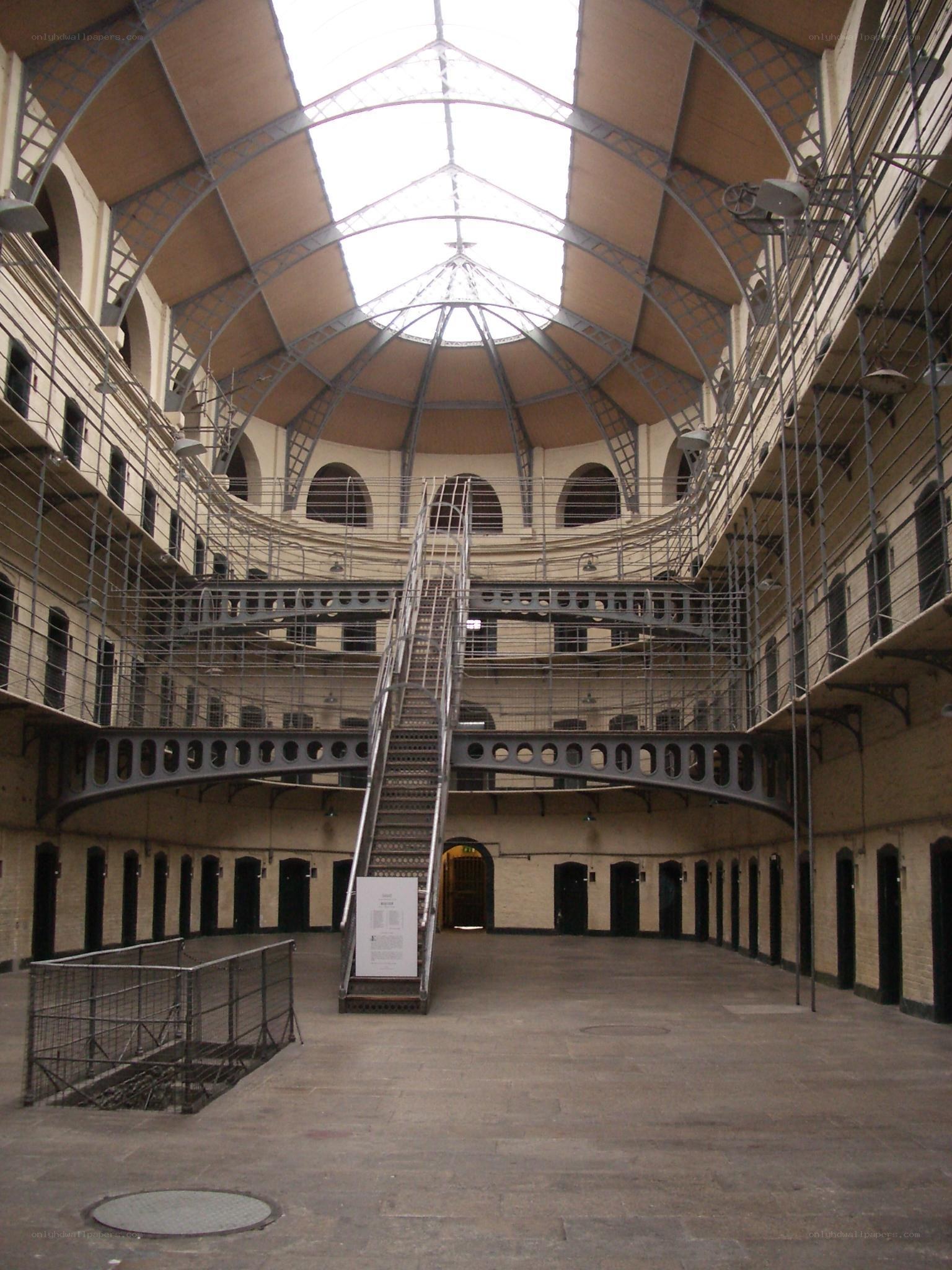 prison courtyard with central staircase