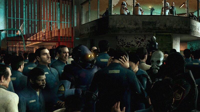 Prison riot scene in a dystopian facility