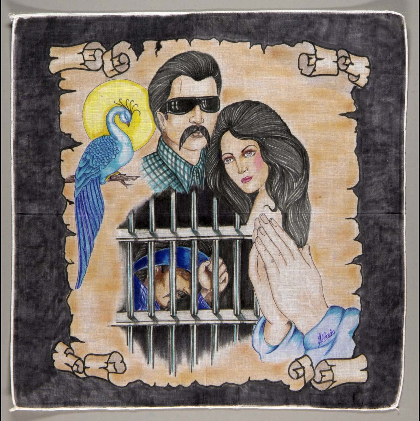 Prison scene with couple and bird