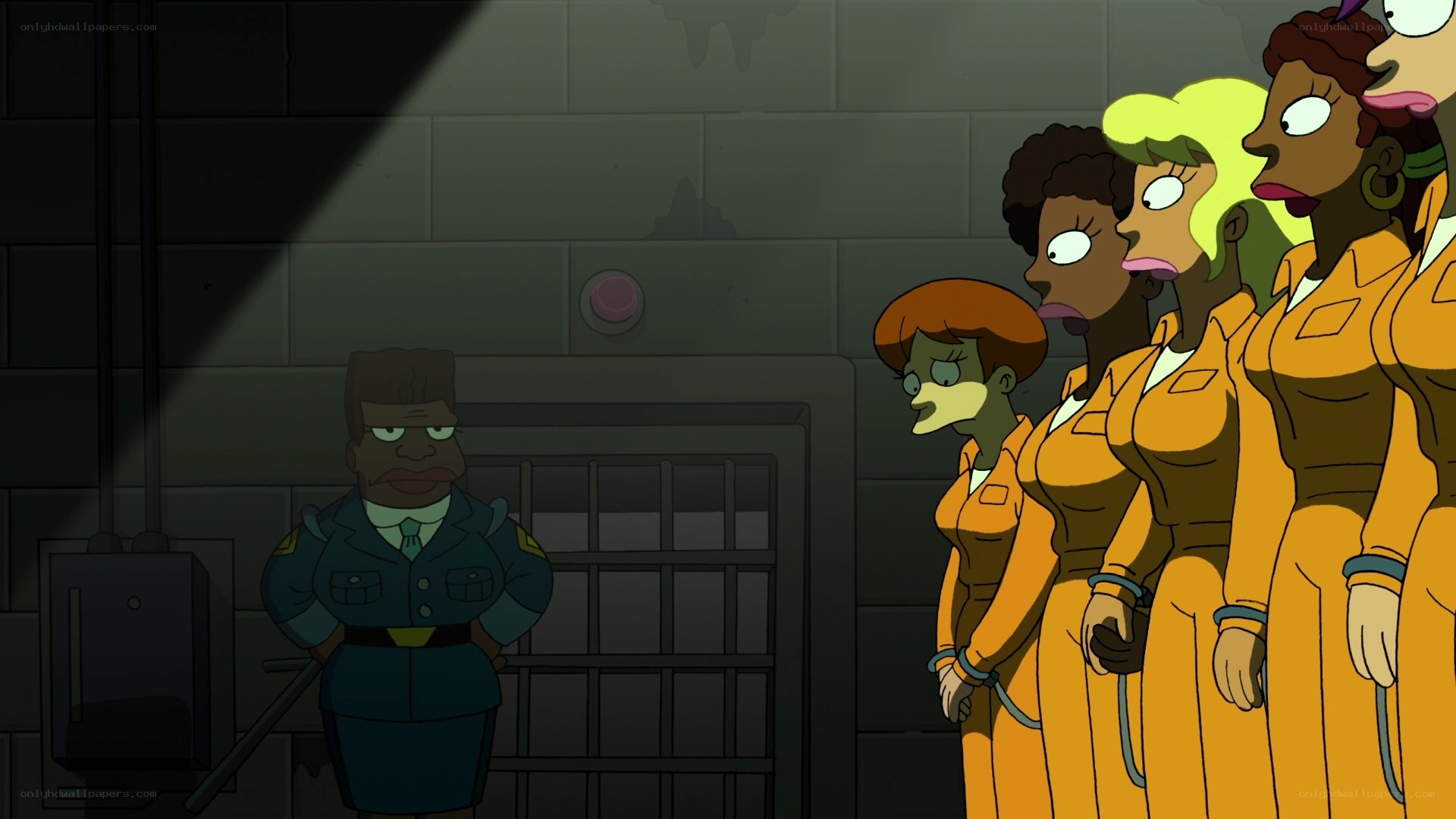 Prison scene with guards and inmates
